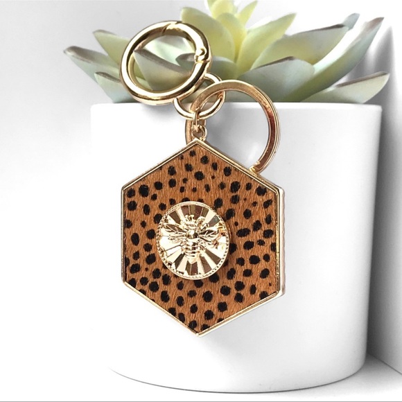 (12)New Genuine calf leather hexagon bee animal print trendy keychain - Picture 3 of 7
